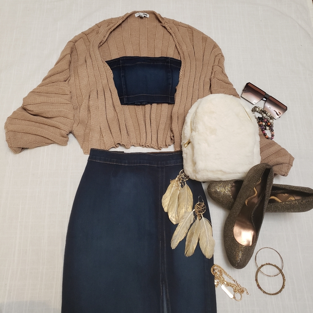 Denim Set 2pc Tube Top Midi Pencil Skirt High waisted Bodycon Stretch New - Picture 3 of 9